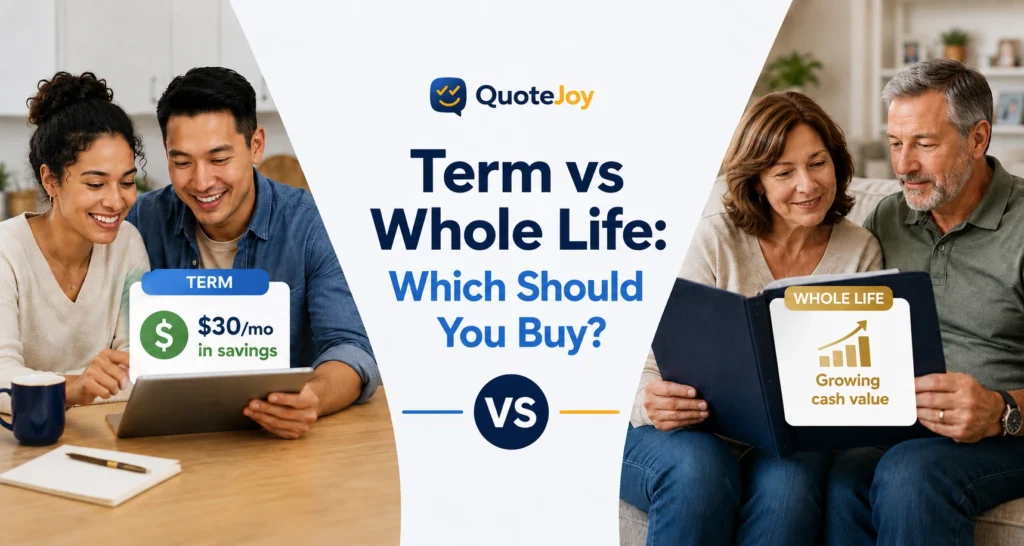 Term vs whole life insurance comparison 2026 â€” couple reviewing life insurance options on a tablet