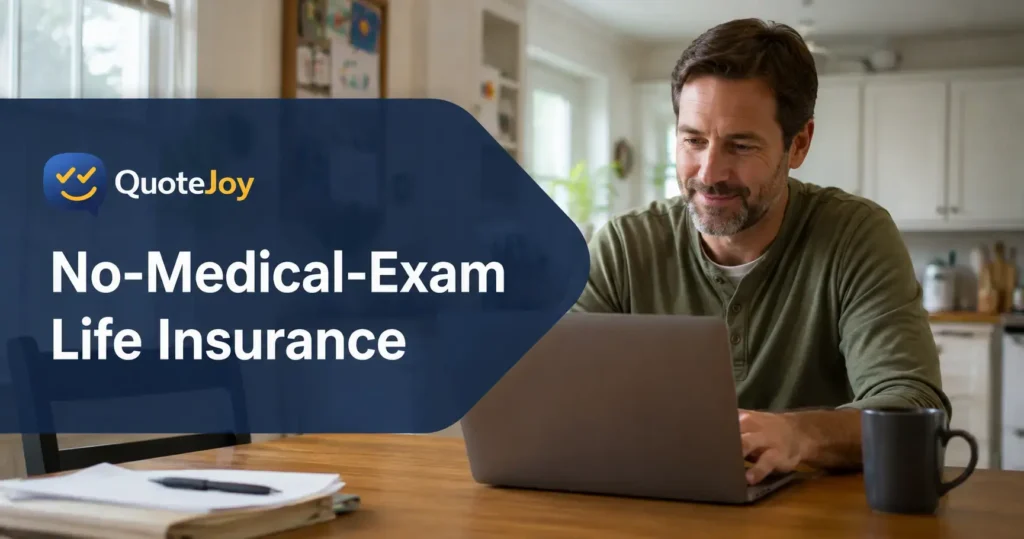 Parent at kitchen table comparing no-exam life insurance quotes on laptop