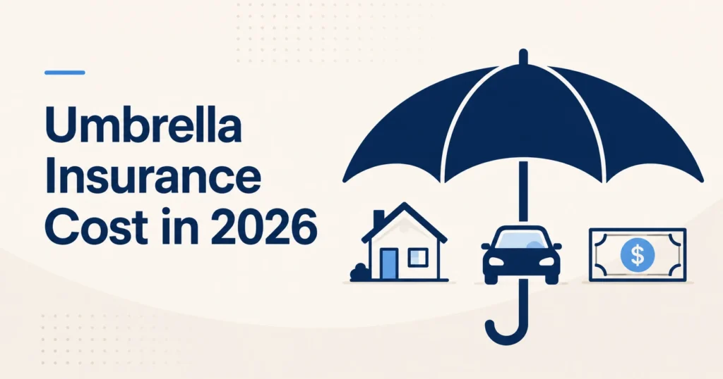 Illustrated umbrella covering home, auto, and finances representing umbrella insurance coverage